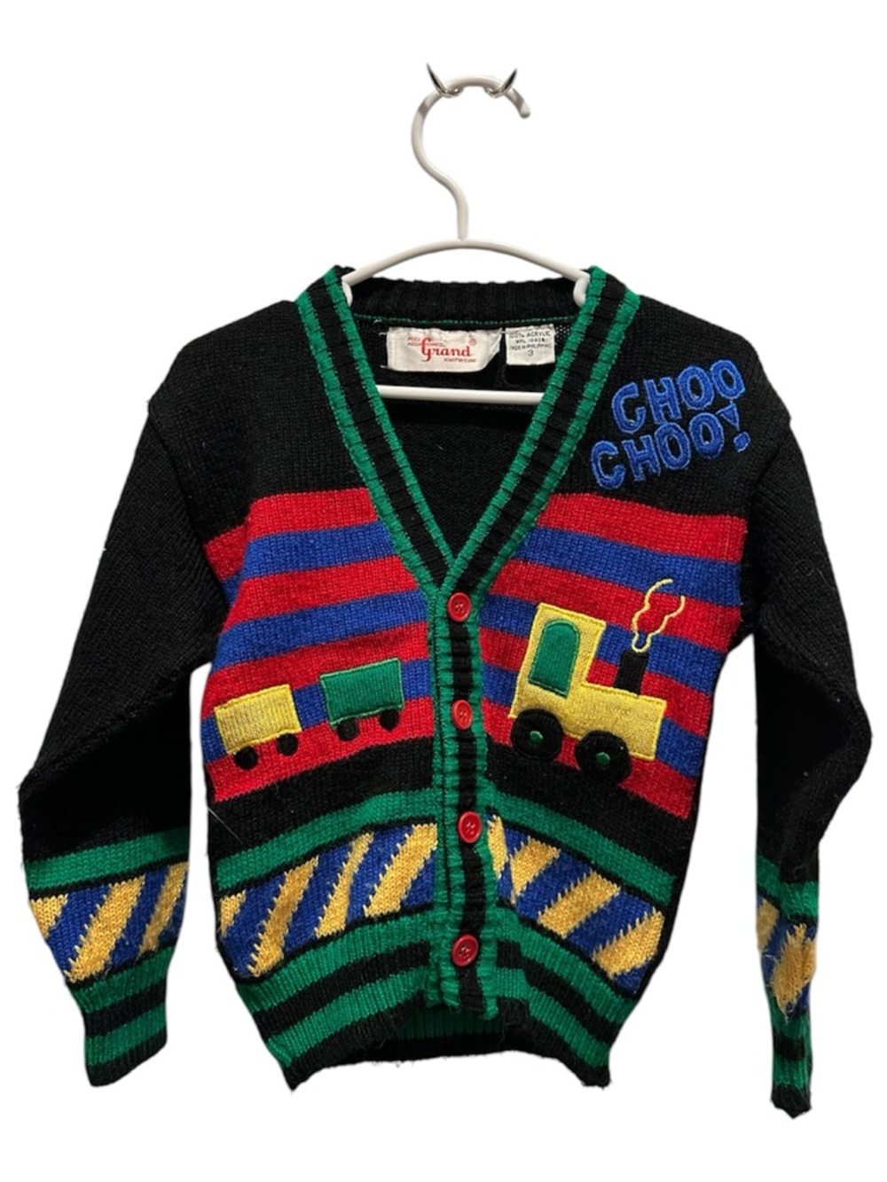 Kids 'Choo Choo' Train Knit Cardigan - Black with Red & Blue Stripes